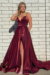 Burgundy Satin Long Prom Dresses, Simple A-Line Evening Dresses