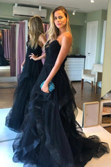 Black Tulle Long A-Line Prom Dresses, Black Strapless Formal Evening Dresses