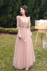 Pink Lace Long Prom Dresses, Lovely A-Line Evening Dresses