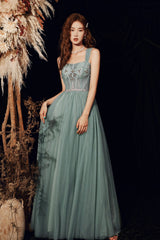 Beautiful Tulle Beaded Long Prom Dress,  A-Line Evening Dress