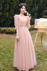 Pink Lace Long Prom Dresses, Lovely A-Line Evening Dresses