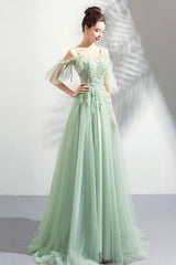 Green Lace Floor Length Prom Dresses, A-Line Off the Shoulder Evening Dresses