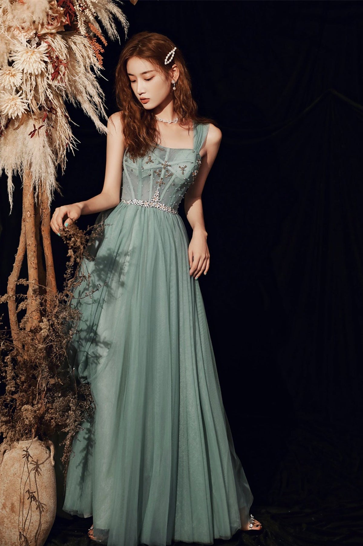 Beautiful Tulle Beaded Long Prom Dress,  A-Line Evening Dress