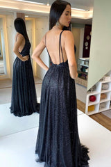 Black V Neck Tulle Long Prom Dresses, A-Line Backless Evening Dresses