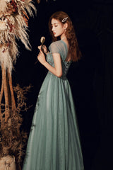 Beautiful Tulle Beaded Long Prom Dress,  A-Line Evening Dress