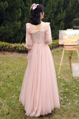 Pink Lace Long Prom Dresses, Lovely A-Line Evening Dresses