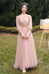 Pink Lace Long Prom Dresses, Lovely A-Line Evening Dresses