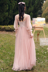 Pink Lace Long Prom Dresses, Lovely A-Line Evening Dresses