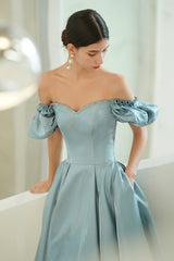 Blue Satin Long Prom Dresses, A-Line Blue Evening Party Dresses