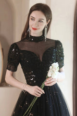 Black Tulle Beading Long Formal Dresses, Black Shiny Sequins Evening Dresses
