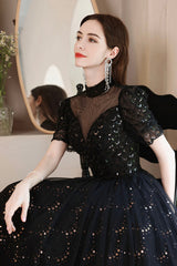 Black Tulle Beading Long Formal Dresses, Black Shiny Sequins Evening Dresses