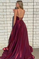 Burgundy Satin Long Prom Dresses, Simple A-Line Evening Dresses