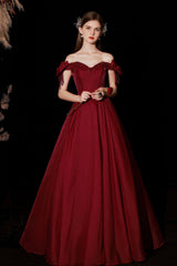 Burgundy Satin Long Prom Dresses, A-Line Off the Shoulder Formal Dresses