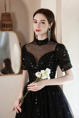 Black Tulle Beading Long Formal Dresses, Black Shiny Sequins Evening Dresses
