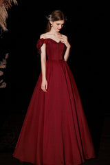 Burgundy Satin Long Prom Dresses, A-Line Off the Shoulder Formal Dresses