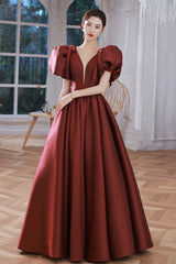 Burgundy Satin Long Prom Dresses, Lovely Puff Sleeve Evening Gown