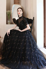 Black Tulle Beading Long Formal Dresses, Black Shiny Sequins Evening Dresses