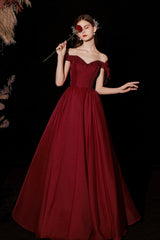 Burgundy Satin Long Prom Dresses, A-Line Off the Shoulder Formal Dresses