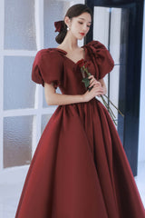 Burgundy Satin Long Prom Dresses, Lovely Puff Sleeve Evening Gown