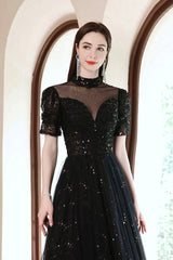 Black Tulle Beading Long Formal Dresses, Black Shiny Sequins Evening Dresses