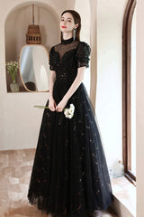 Black Tulle Beading Long Formal Dresses, Black Shiny Sequins Evening Dresses