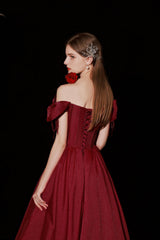 Burgundy Satin Long Prom Dresses, A-Line Off the Shoulder Formal Dresses