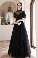 Black Tulle Beading Long Formal Dresses, Black Shiny Sequins Evening Dresses