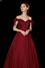 Burgundy Satin Long Prom Dresses, A-Line Off the Shoulder Formal Dresses
