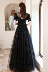 Black Tulle Beading Long Formal Dresses, Black Shiny Sequins Evening Dresses