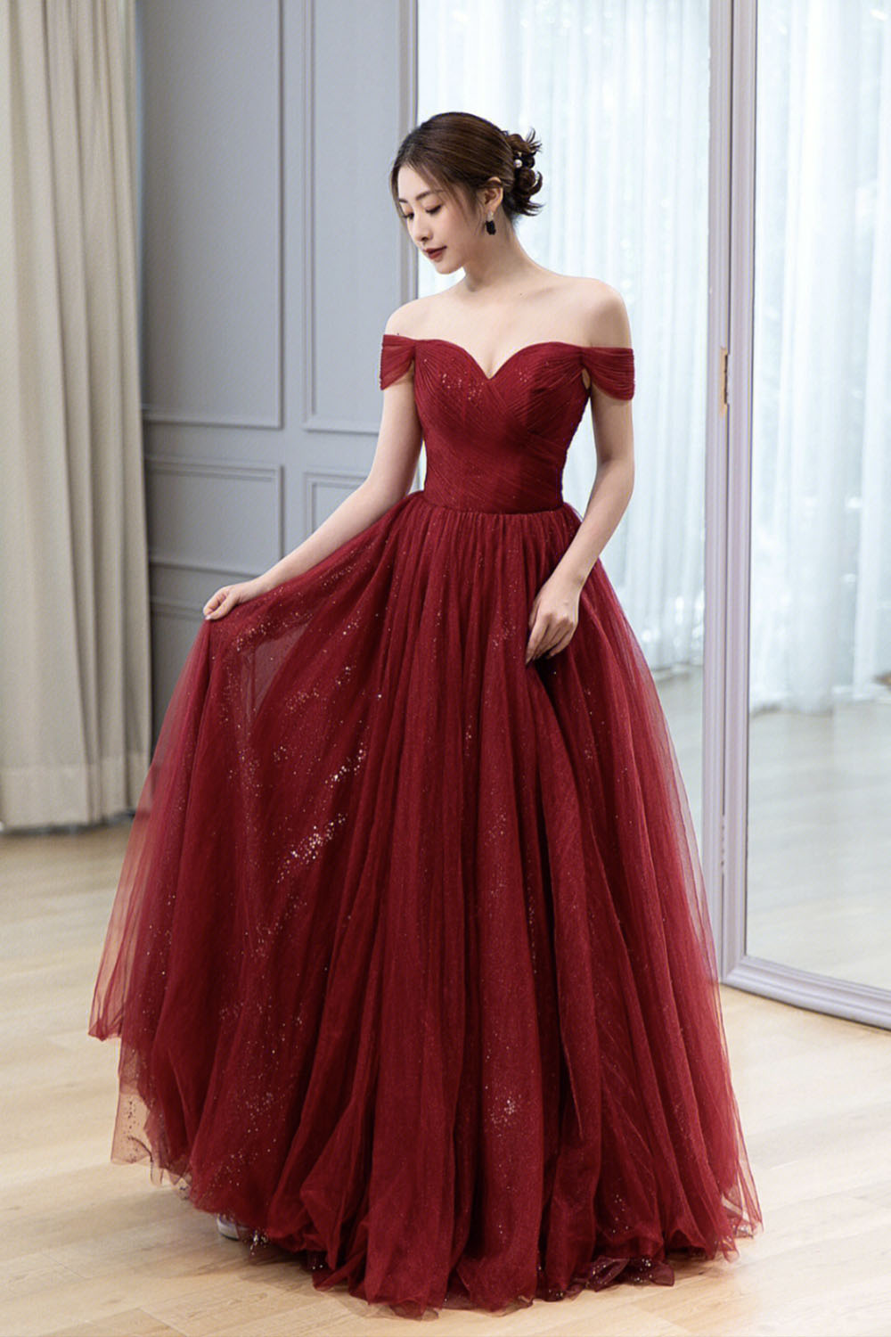 Burgundy Tulle Long Prom Dress, A-Line Off the Shoulder Evening Dress