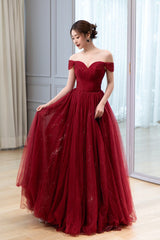 Burgundy Tulle Long Prom Dress, A-Line Off the Shoulder Evening Dress