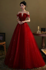 Red Tulle Beaded Long Prom Dress, A-Line Off the Shoulder Evening Dress