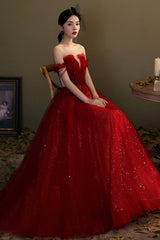Red Tulle Beaded Long Prom Dress, A-Line Off the Shoulder Evening Dress