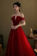 Red Tulle Beaded Long Prom Dress, A-Line Off the Shoulder Evening Dress