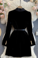 Black V-Neck Velvet Dresses, Black Long Seeve Dresses