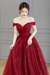 Burgundy Tulle Long Prom Dress, A-Line Off the Shoulder Evening Dress