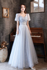 Blue Tulle Long  A-Line Formal Dresses, Shiny V-Neck Evening Dresses
