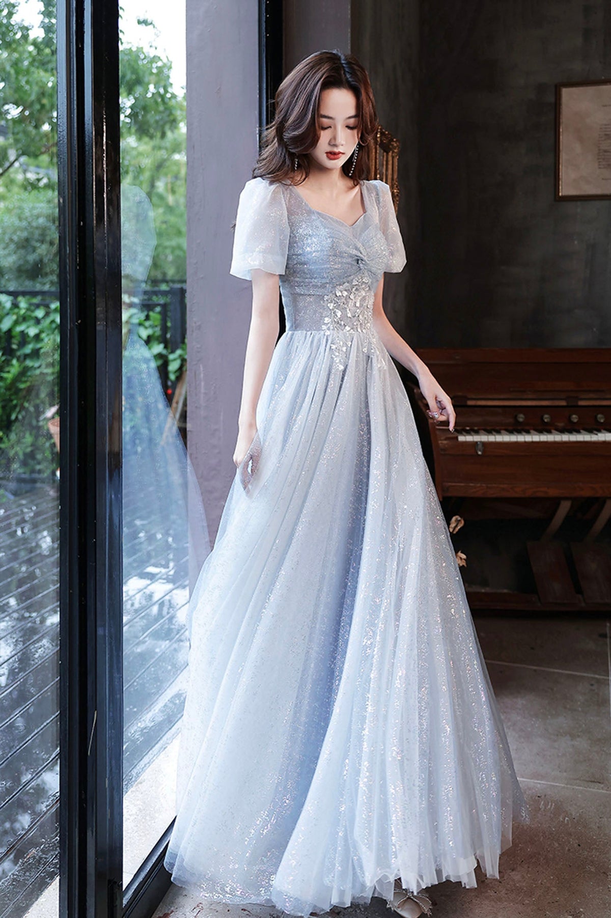 Blue Tulle Long  A-Line Formal Dresses, Shiny V-Neck Evening Dresses
