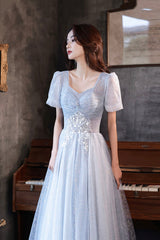 Blue Tulle Long  A-Line Formal Dresses, Shiny V-Neck Evening Dresses