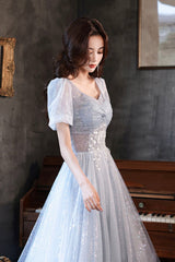 Blue Tulle Long  A-Line Formal Dresses, Shiny V-Neck Evening Dresses