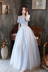 Blue Tulle Long  A-Line Formal Dresses, Shiny V-Neck Evening Dresses