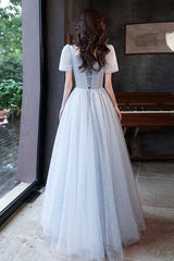 Blue Tulle Long  A-Line Formal Dresses, Shiny V-Neck Evening Dresses