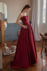 Burgundy Satin Long Strapless Prom Dresses with Pockets