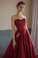Burgundy Satin Long Strapless Prom Dresses with Pockets