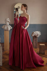 Burgundy Satin Long Strapless Prom Dresses with Pockets