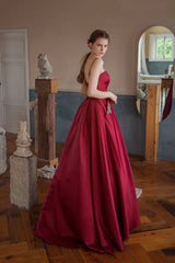 Burgundy Satin Long Strapless Prom Dresses with Pockets