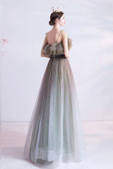 Cute Gradient Tulle Long Prom Dress, A-Line Spaghetti Straps Formal Evening Dress