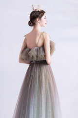 Cute Gradient Tulle Long Prom Dress, A-Line Spaghetti Straps Formal Evening Dress
