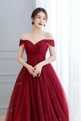 Burgundy Tulle Long Prom Dress, A-Line Off the Shoulder Evening Dress
