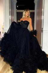 Black Strapless Tulle Long Ball Gown, A-Line Evening Gown